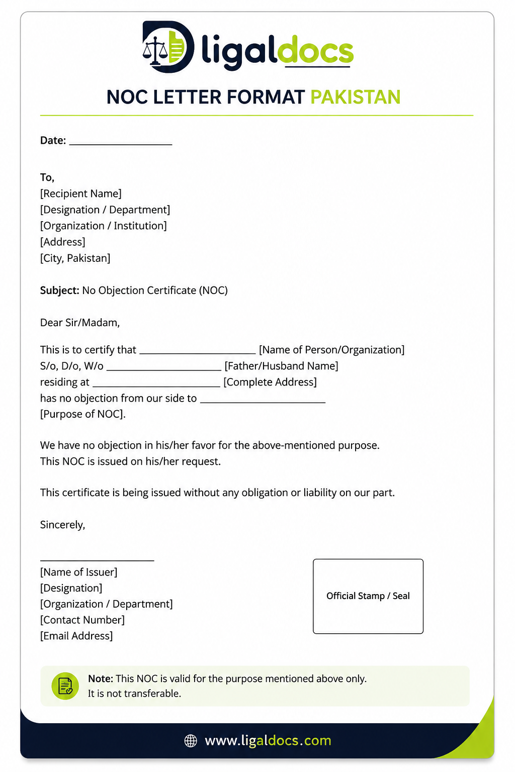 How is NOC letter format Pakistan