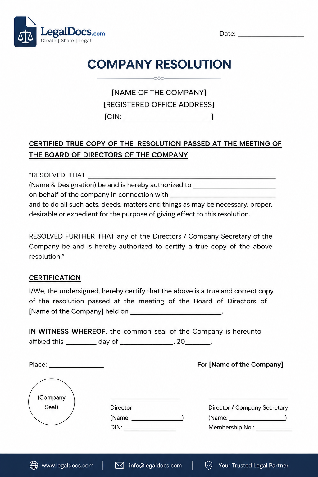 Company Resolution Format